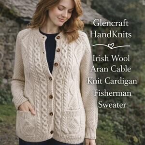 Glencraft Handknits Ireland Wool Aran Cable Knit Cardigan Fisherman Sweater
